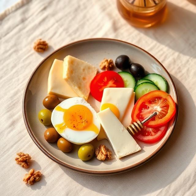 Kahvaltı tabağı: peynir, zeytin, haşlanmış yumurta, domates ve salatalık